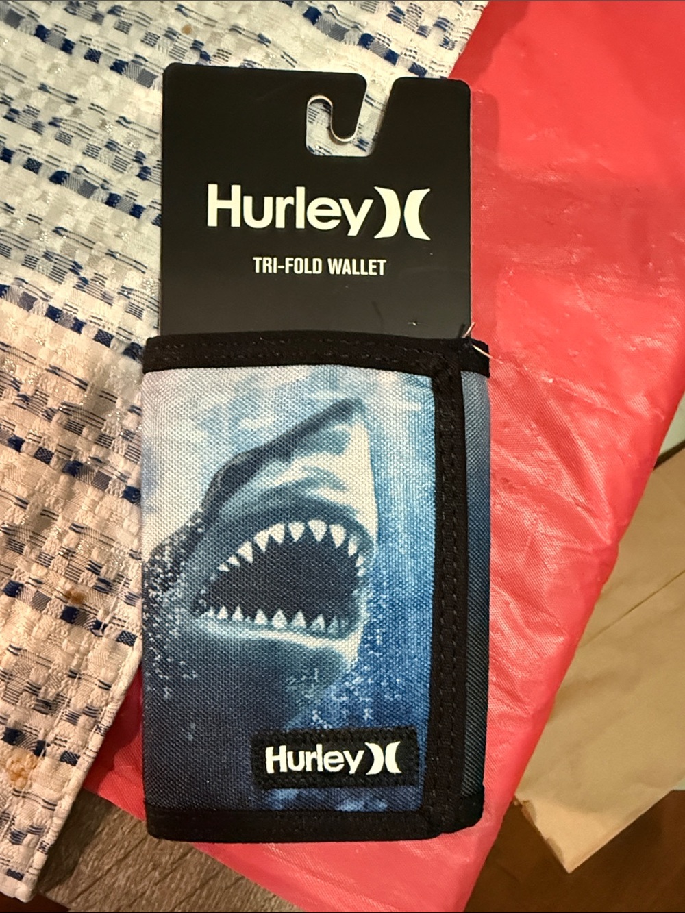 Hurley Blue Shark Graphic Tri-Fold Wallet with Black Trim for teenagers
